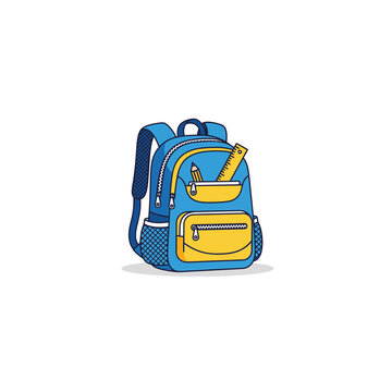 A blue and yellow backpack with a front pocket