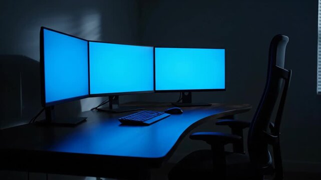 Dark home office setup with triple monitors and desk chair near window.