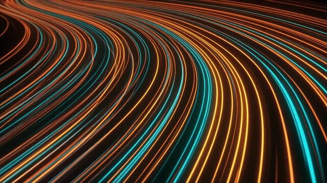 Futuristic looping parallel glowing lines orange teal bending gently liquid light smooth continuous seamless surreal ambience cascading softly cinematic loop