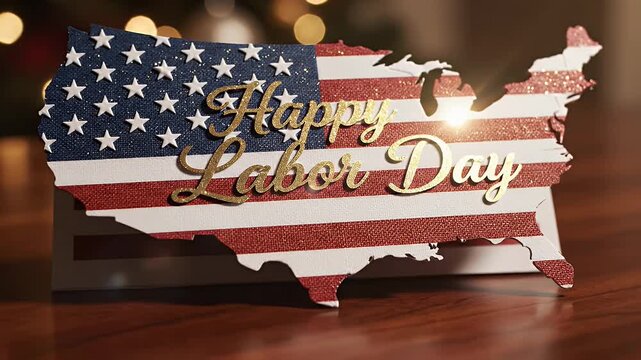 American Flag Labor Day Card - A handcrafted card in the shape of the USA map features the American flag design with glitter accents and a "Happy Labor Day" message.