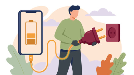 Man plugging in electric cable to wall socket for smartphone charging