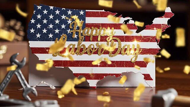 Happy Labor Day Card with American Flag - A greeting card shaped like the USA map, featuring the American flag design and the words "Happy Labor Day," sits on a wooden surface with gold confetti