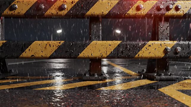 Rainy Construction Barrier - This video shows a wet construction barrier on a rainy day. The barrier has a black and yellow striped pattern and red lights on top.
