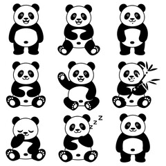 Obraz premium Collection of nine black and white cartoon pandas in different poses showing emotions and activities like sleeping waving and holding bamboo a delightful assortment for children