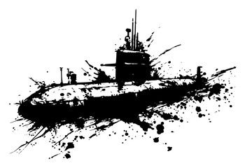 Naval submarine silhouette in motion with artistic black ink splash and grunge effects © UrbanDruid