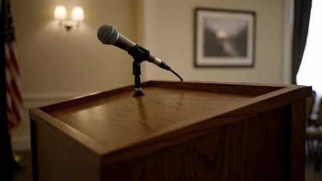 Wooden lectern with microphone, chairs and American flag in an empty room. Speech podium, government.