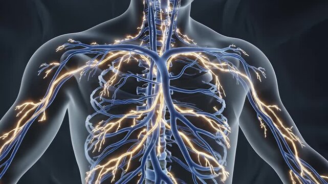 Human Body Vein Structure Illustration - This video depicts a stylized view of the vein structure within the upper torso of a human body.