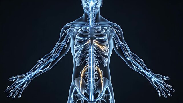 Human Body Anatomy 3D video - This video shows a transparent anatomical video of a human body focusing on the skeletal structure and nervous system.