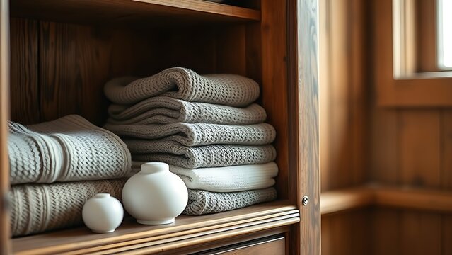 camphor. White camphor balls placed inside an antique wooden wardrobe with folded clothing. menu design, packaging mockups, designed for food delivery and cloud-kitchen brand materials.
