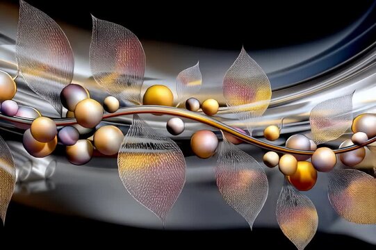 AI-generated animated illustration of a vine with leaves and berries with beautiful patterns, in black, white, gray and a touch of color