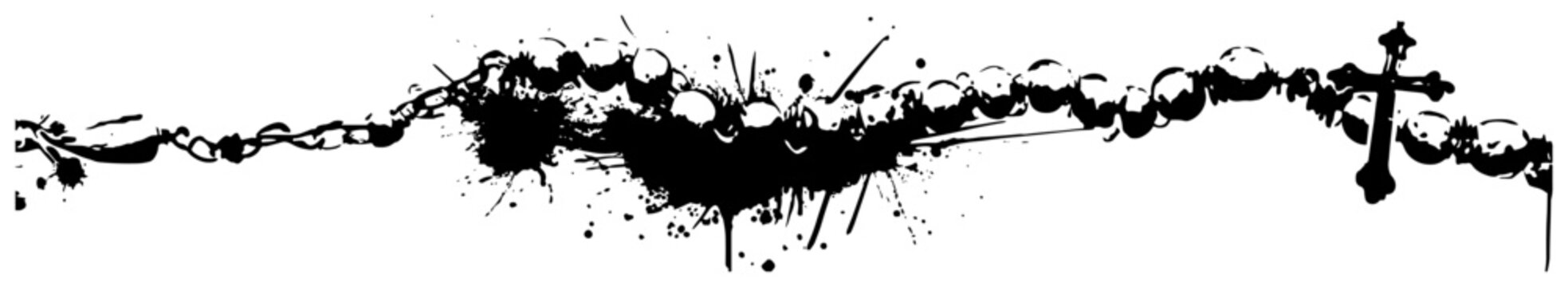 Decorative rosary with cross border illustration in black ink splatter style