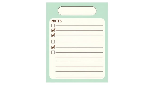 A mint green notepad with a checklist and blank lines for writing