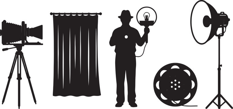 Black Solid Vintage Photography Studio Silhouettes Set of Six on White Background
