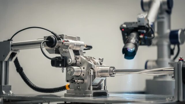 Capture of a robotic camera arm choreographing smooth repeatable beauty pass shots emphasizing sharp mechanical components against a softly blurred studio backdrop.