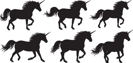 Black Solid Winter Unicorn Silhouettes Set of Six on White Background © Shakeel