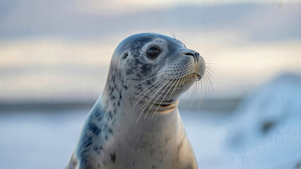 Naklejka premium Seal looking up with curious expression on snowy background