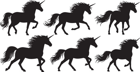 Black Solid Winter Unicorn Silhouettes Set of Six on White Background © Shakeel