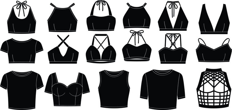 Women crop top and bralette silhouettes set, various neckline fashion apparel vector illustration isolated on white background clothing collection bundle