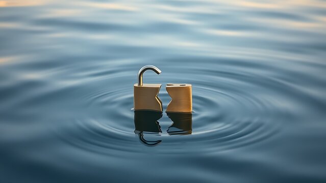millenary. A broken heart-shaped lock floating on calm water, split in two pieces in soft morning light. wellbeing guides, coaching materials, designed for coaching and self-improvement content.
