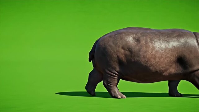Hippopotamus Walking on Green Screen - This video shows a large hippopotamus walking from the side on a bright green screen background.