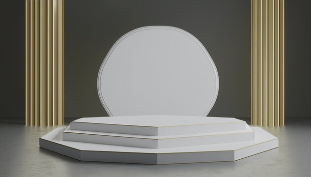 modern octagon frame white podium with dual display platforms 3d rendering