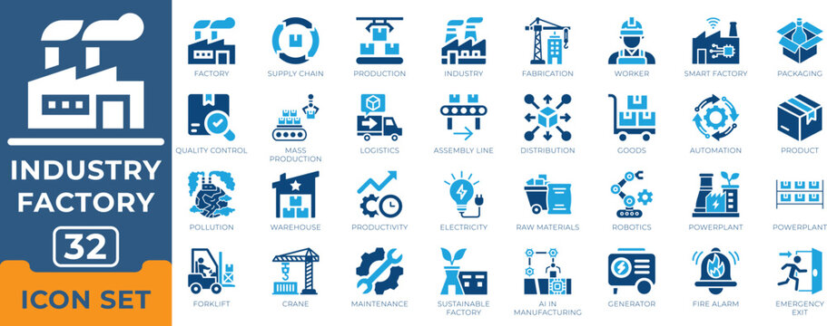 Smart manufacturing factory production and industrial supply chain logistics vector icon set