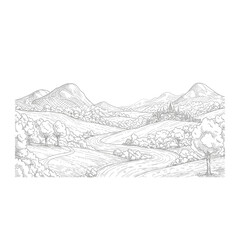A black and white drawing of a mountain range