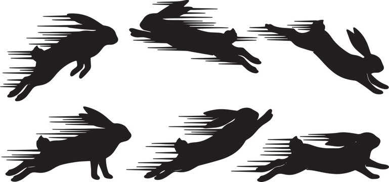 Black Solid Zoomies Bunny Silhouettes Set of Six on White Background