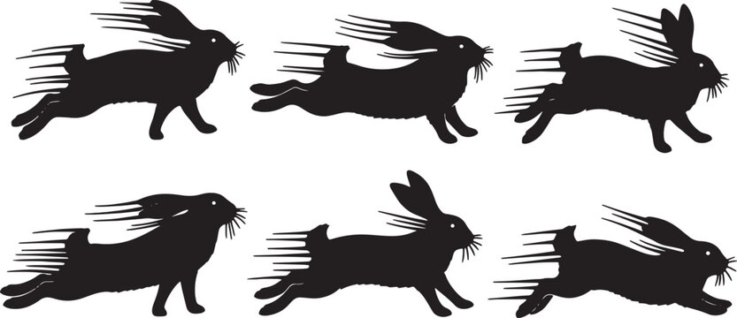Black Solid Zoomies Bunny Silhouettes Set of Six on White Background