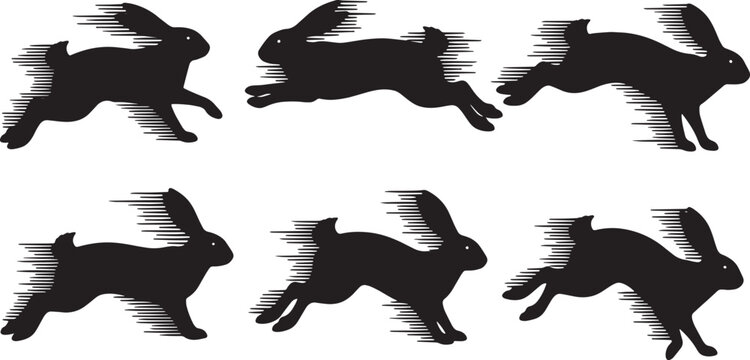 Black Solid Zoomies Bunny Silhouettes Set of Six on White Background