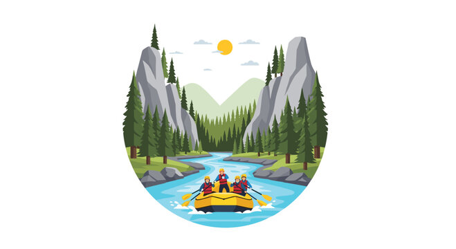 Four people in a yellow inflatable raft are paddling down a blue river with rapids, through a valley flanked by grey mountains and dense pine trees, under a small yellow sun.