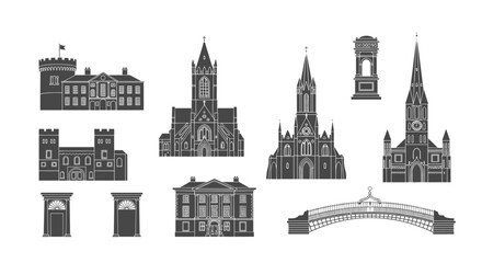 Obraz premium Ten grey silhouette illustrations of diverse architectural structures, including castles, churches, and a bridge, are displayed on a white background.