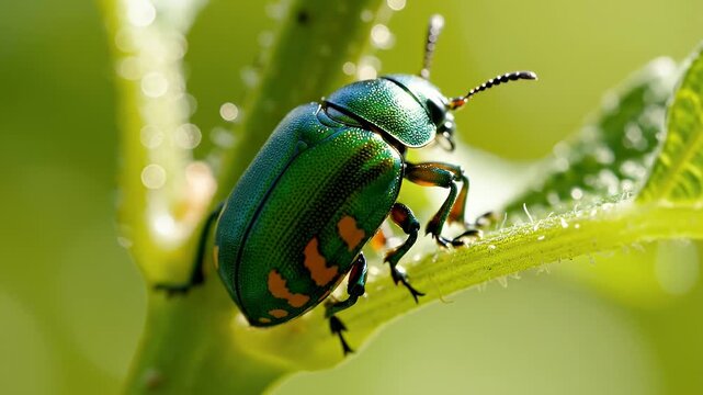 Jewel Beetle on Plant Stem - A macro close-up shot captures a vibrant metallic green beetle with orange stripes perched on a green plant stem.