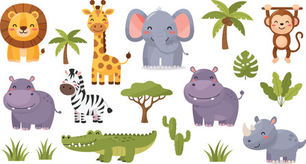 Cute Safari Animals Collection with Lion Giraffe Elephant Monkey Zebra Hippo Crocodile and Rhino Cartoon Vector Set © sahajahan