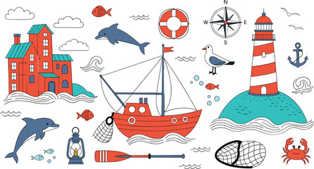 Nautical Marine Elements Collection with Lighthouse Boat Dolphins Seagull Anchor and Coastal House Vector Illustration Set © MdAbuSayed