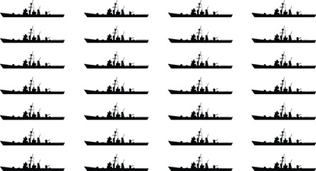 Naval warship silhouettes grid, military ship icons, black vector illustration, defense fleet design, minimal pattern art, organized layout, maritime collection © Creative Art