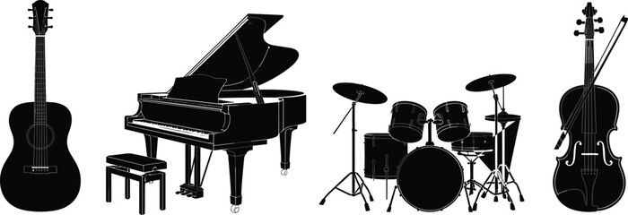 Musical instrument silhouette illustration, guitar vector, piano graphic, drum set design, cello artwork, black music icons, modern decor art © Creative Art