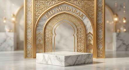 Elegant White Marble Podium with Golden Islamic Arches and Warm Lighting for Products