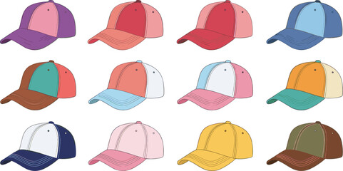 Colorful Baseball Cap Collection Set with Different Color Combinations and Casual Sports Hat Designs Vector Illustration