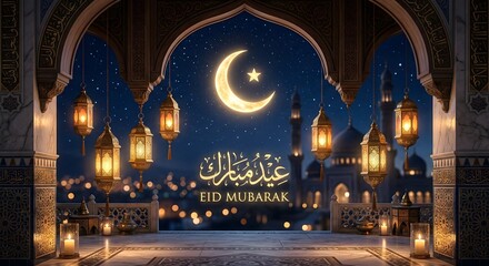 Fototapeta premium Scenic View from an Islamic Palace Balcony at Night with Golden Lanterns and Crescent Moon