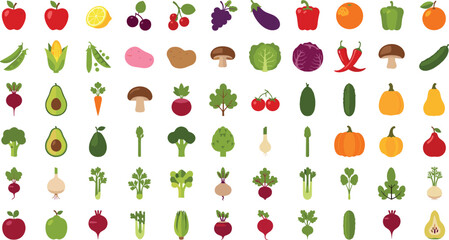 Colorful Fruits and Vegetables Collection Set with Fresh Organic Farm Produce Icons Vector Illustration © MdAbuSayed