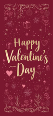 Obraz premium Gold happy Valentine's Day text on a red background with decorative floral elements. Happy Valentine's Day gold glitter greeting with floral ornament