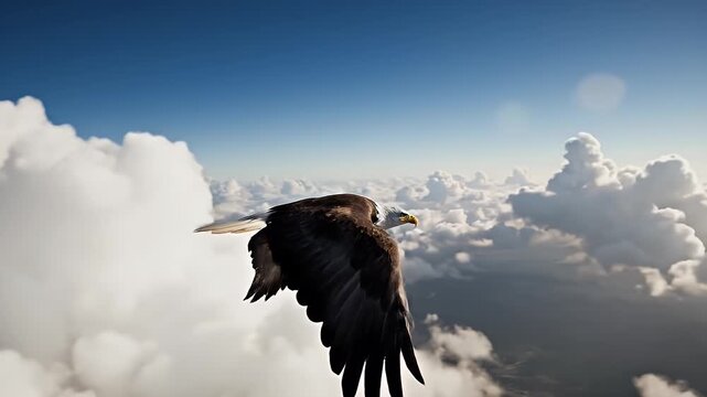 Bald Eagle Soaring Above Clouds - A majestic bald eagle is seen flying high above a sea of puffy white clouds. The bird's wings are spread wide as it soars through the clear blue sky.