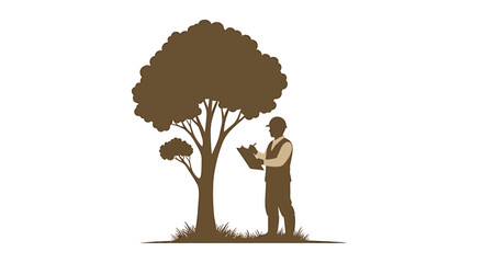 Arborist Inspecting a Healthy Tree in a Field. Vector Illustrations. EPS Editable