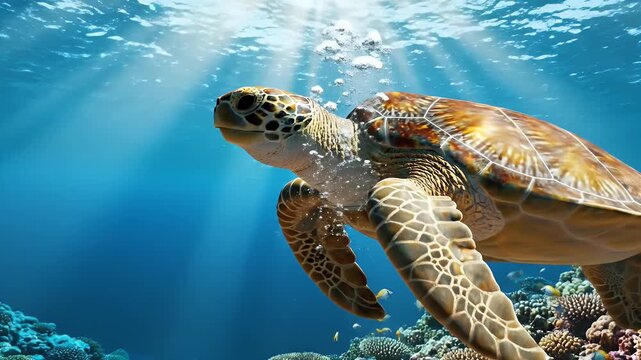 Sea Turtle Underwater Encounter - A sea turtle swims gracefully underwater in a clear blue ocean, surrounded by small yellow and white fish.