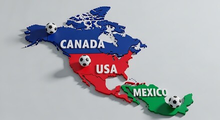 Map of north america featuring canada usa and mexico with soccer balls representing the host nations. world cup 2026 © NEURIX
