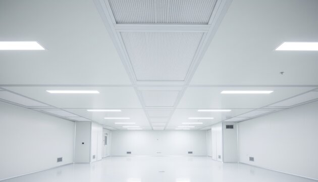 Expansive, brightly lit modern cleanroom interior with advanced air filtration system