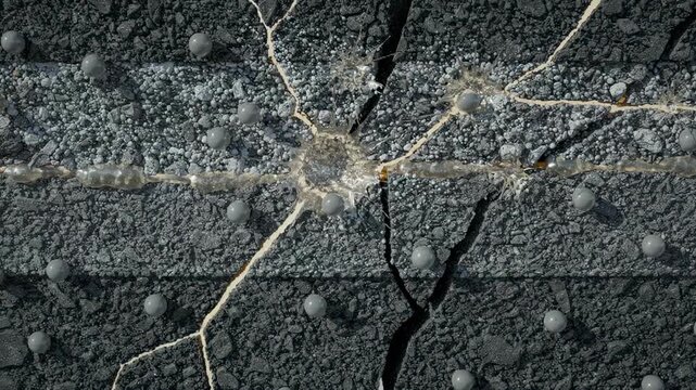 Medium shot of selfhealing polymer asphalt with microcapsules sealing fine cracks in a roadway core highlighting structural integrity and material innovation.