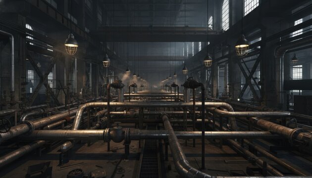 Extensive grid of industrial pipeline networks inside a vast, dimly lit factory hall, showcasing complex machinery and infrastructure.