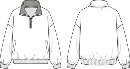 Women's Oversized Quarter-Zip Pullover Flat Sketch, Athletic Sweatshirt Technical Drawing, Fashion Design Template, Front and Back View, Sporty Casual Top © FazDev